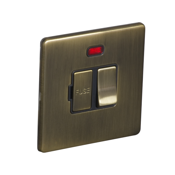 13A Switched Fuse Connection Unit Spur with Neon - Antique Brass (Black) - Screw Less Flat Plate - 3886120