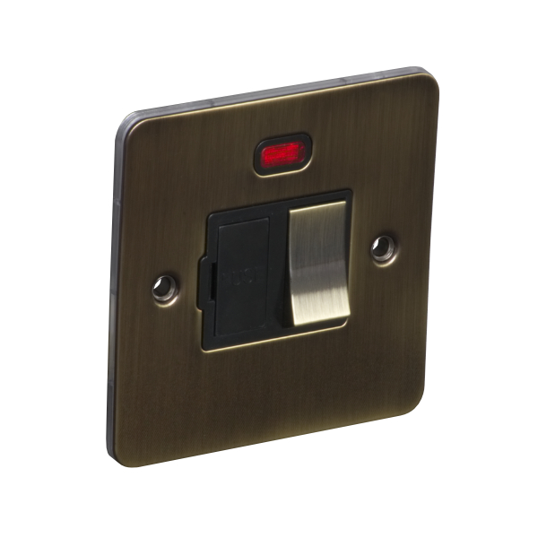 13A Switched Fuse Connection Unit Spur with Neon - Antique Brass (Black) - Flat Plate - 3886130
