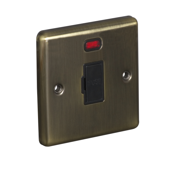13A Unswitched Fuse Connection Unit Spur with Neon - Antique Brass (Black) - Right Angled Plate - 3886138