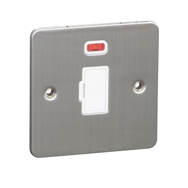 13A Unswitched Fuse Connection Unit Spur with Neon - Brushed Chrome (White) - Flat Plate - 3886328