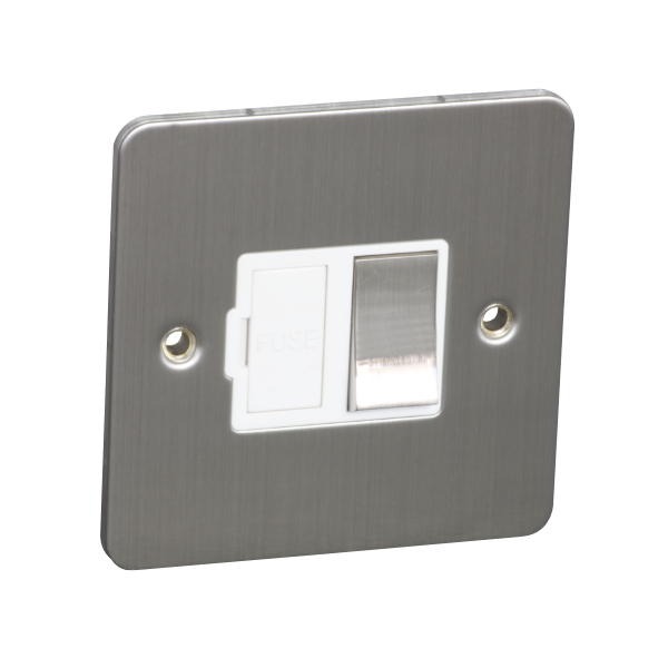 13A Switched Fuse Connection Unit Spur - Brushed Chrome (White) - Flat Plate - 3886329