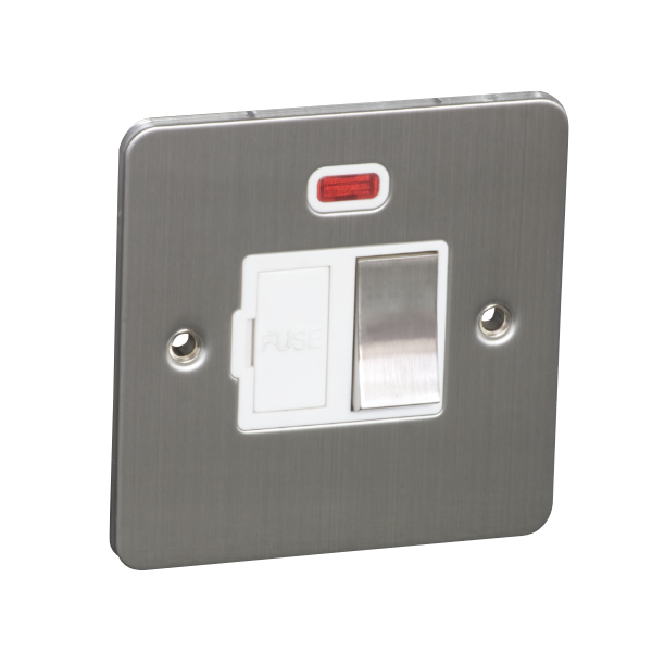 13A Switched Fuse Connection Unit Spur with Neon - Brushed Chrome (White) - Flat Plate - 3886330