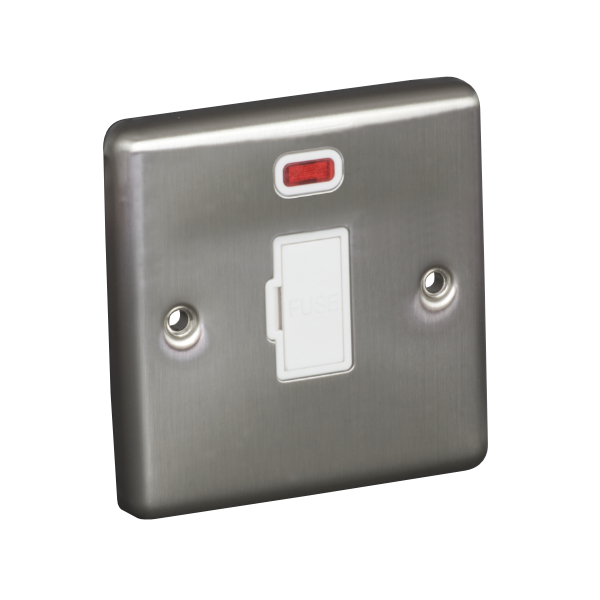 13A Unswitched Fuse Connection Unit Spur with Neon - Brushed Chrome (White) - Right Angled Plate - 3886338