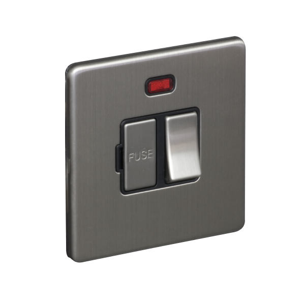 13A Switched Fuse Connection Unit Spur with Neon - Brushed Chrome (Black) - Screw Less Flat Plate - 3886420