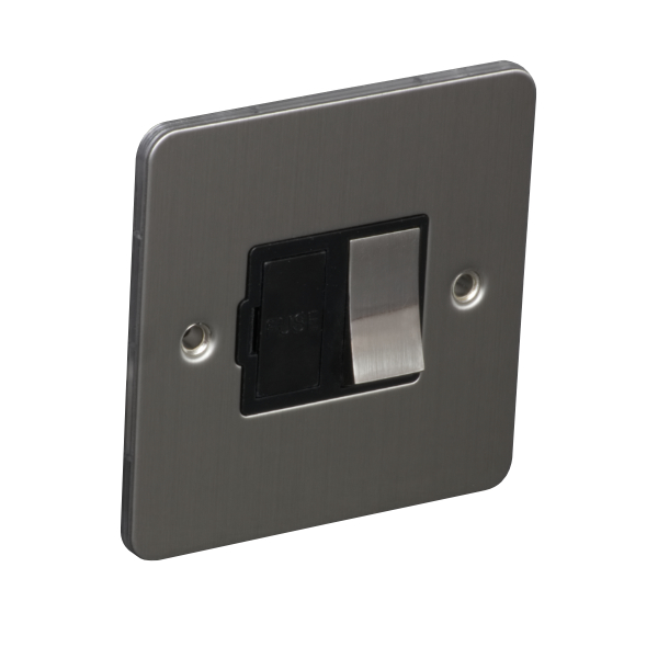 13A Switched Fuse Connection Unit Spur - Brushed Chrome (Black) - Flat Plate - 3886429