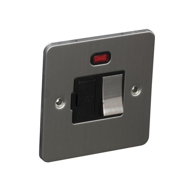 13A Switched Fuse Connection Unit Spur with Neon - Brushed Chrome (Black) - Flat Plate - 3886430