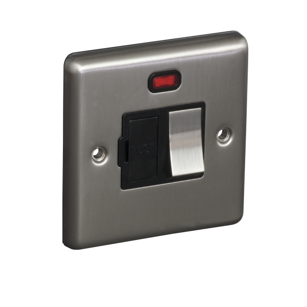 13A Switched Fuse Connection Unit Spur with Neon - Brushed Chrome (Black) - Right Angled Plate - 3886440