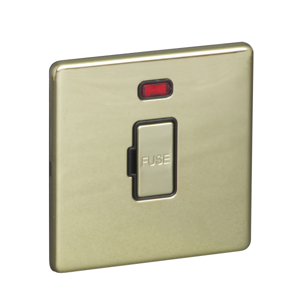 13A Unswitched Fuse Connection Unit Spur with Neon - Polished Brass (Black) - Screw Less Flat Plate - 3886518