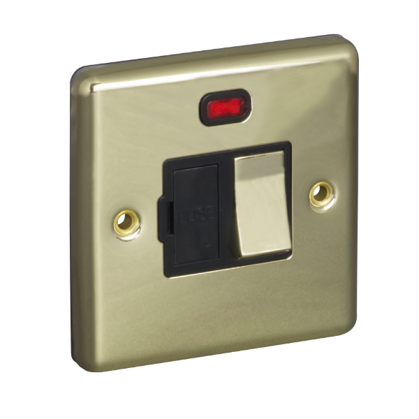 13A Switched Fuse Connection Unit Spur with Neon - Polished Brass (Black) - Right Angled Plate - 3886540