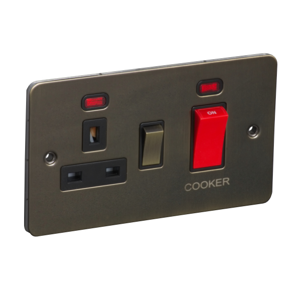 45A 250V Cooker Control Unit, Switched Socket with Neon - Antique Brass (Black) - Flat Plate - 3887126