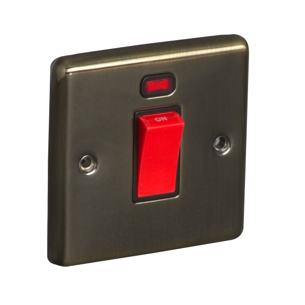 45A 250V 1 Gang Double Pole Switch with Neon, Single Plate - Antique Brass (Black) - Right Angled Plate - 3887135