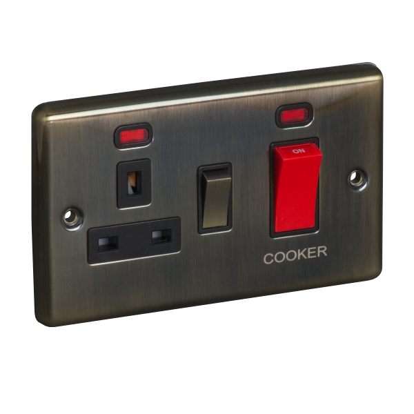 45A 250V Cooker Control Unit, Switched Socket with Neon - Antique Brass (Black) - Right Angled Plate - 3887136