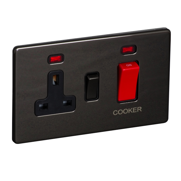 45A 250V Cooker Control Unit, Switched Socket with Neon - Black Nickel (Black) - Screw Less Flat Plate - 3887216