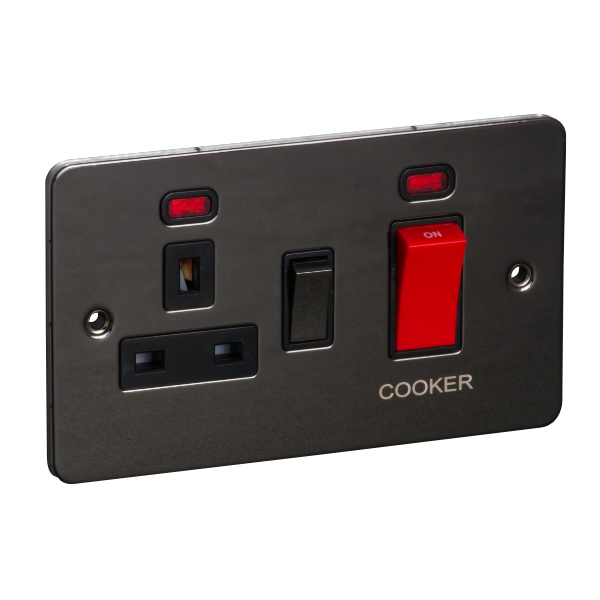 45A 250V Cooker Control Unit, Switched Socket with Neon - Black Nickel (Black) - Flat Plate -  3887226