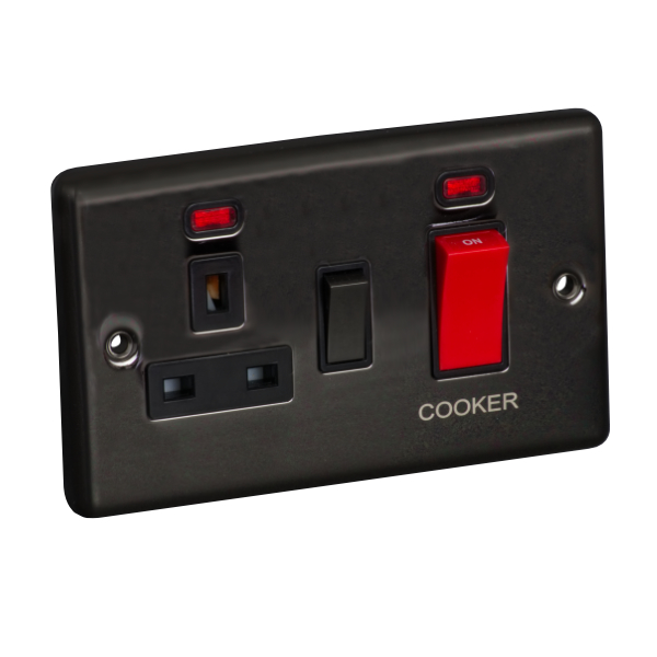 45A 250V Cooker Control Unit, Switched Socket with Neon - Black Nickel (Black) - Right Angled Plate - 3887236