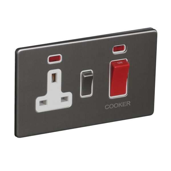 45A 250V Cooker Control Unit, Switched Socket with Neon - Brushed Chrome (White) - Screw Less Flat Plate - 3887316