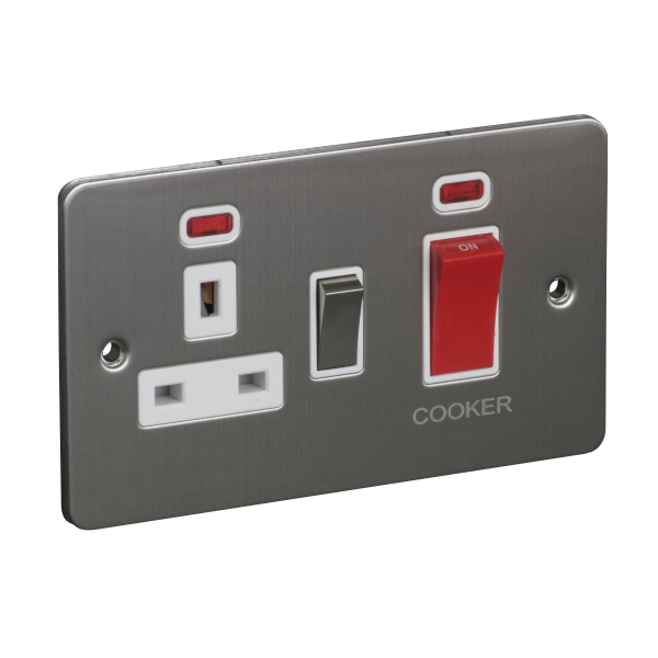 45A 250V Cooker Control Unit, Switched Socket with Neon - Brushed Chrome (White) - Flat Plate - 3887326