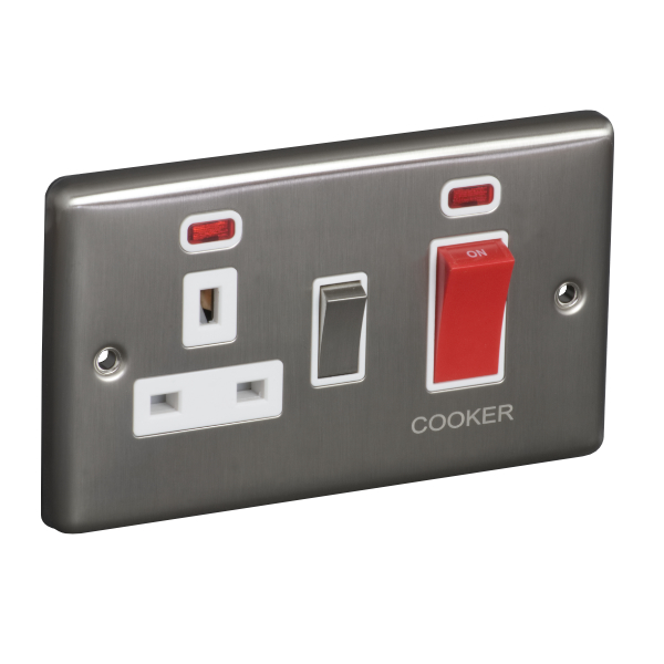 45A 250V Cooker Control Unit, Switched Socket with Neon - Brushed Chrome (White) - Right Angled Plate - 3887336