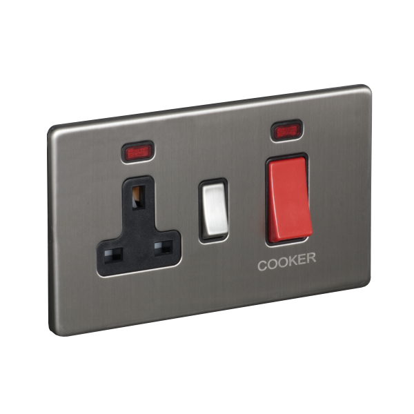 45A 250V Cooker Control Unit, Switched Socket with Neon - Brushed Chrome (Black) - Screw Less Flat Plate - 3887416