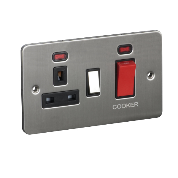 45A 250V Cooker Control Unit, Switched Socket with Neon - Brushed Chrome (Black) - Flat Plate - 3887426
