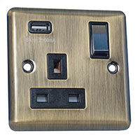 13A Socket + USB - 1 Gang - Antique Brass (Black) - Round Angled Plate - 3888122