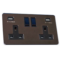13A Socket + USB - 2 Gang - Black Nickel - Screw Less Flate Plate - 3888204