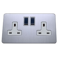 13A Socket - 2 Gang - Brushed Chrome (White) - Screw Less Flat Plate - 3888303