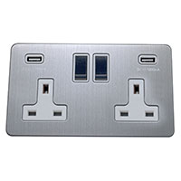 13A Socket + USB - 2 Gang - Brushed Chrome (White) - Screw Less Flat Plate - 3888304