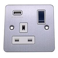 13A Socket + USB - 1 Gang - Brushed Chrome (White) - Flat Plate - 3888312