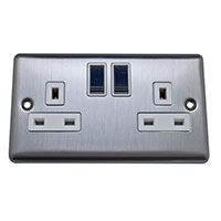 13A Socket - 2 Gang - Brushed Chrome (White) - Round Angled Plate - 3888323