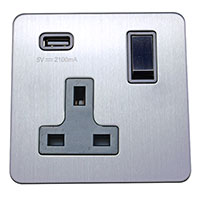 13A Socket + USB - 1 Gang - Brushed Chrome (Black) - Screw Less Flat Plate - 3888402