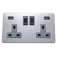 13A Socket + USB - 2 Gang - Brushed Chrome (Black) - Screw Less Flat Plate - 3888404