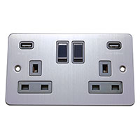 13A Socket + USB - 2 Gang - Brushed Chrome (Black) - Flat Plate - 3888414