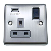 13A Socket +USB - 1 Gang - Brushed Chrome (Black) - Round Angled Plate - 3888422