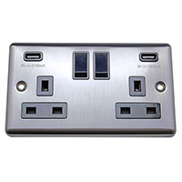 13A Socket + USB - 2 Gang - Brushed Chrome (Black) - Round Angled Plate - 3888424
