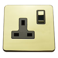 13A Socket - 1 Gang - Polished Brass (Black) - Screw Less Flat Plate - 3888501