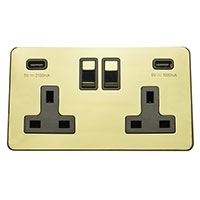 13A Socket + USB - 2 Gang - Polished Brass (Black) - Screw Less Flat Plate - 3888504