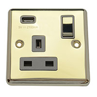 13A Socket + USB - 1 Gang - Polished Brass (Black) - Round Angled Plate - 3888522