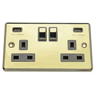 13A Socket + USB - 2 Gang - Polished Brass (Black) - Round Angled Plate - 3888524