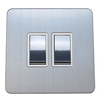 Light Switch - 2 Gang 2 Way - Brushed Chrome (White) - Screw Less Flat Plate - 3889311