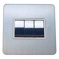 Light Switch - 3 Gang 2 Way - Brushed Chrome (White) - Screw Less Flat Plate - 3889312