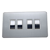 Light Switch - 4 Gang 2 Way - Brushed Chrome (White) - Screw Less Flat Plate - 3889313