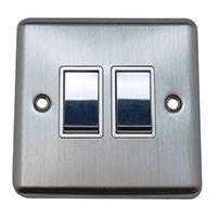 Light Switch - 2 Gang 2 Way - Brushed Chrome (White) - Round Angled Plate - 3889331