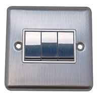 Light Switch - 3 Gang 2 Way - Brushed Chrome (White) - Round Angled Plate - 3889332