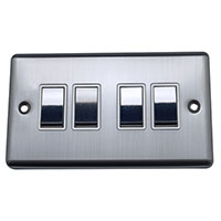 Light Switch - 4 Gang 2 Way - Brushed Chrome (White) - Round Angled Plate - 3889333