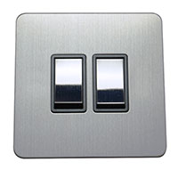 Light Switch - 2 Gang 2 Way - Brushed Chrome (Black) - Screw Less Flat Plate - 3889411