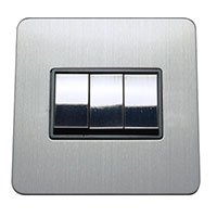 Light Switch - 3 Gang 2 Way - Brushed Chrome (Black) - Screw Less Flat Plate - 3889412