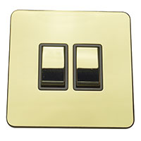 Light Switch - 2 Gang 2 Way - Polished Brass (Black) - Screw Less Flat Plate - 3889511