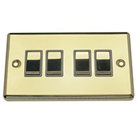 Light Switch - 4 Gang 2 Way - Polished Brass (Black) - Round Angled Plate - 3889533
