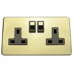 13A Socket - 2 Gang - Polished Brass (Black) - Screw Less Flat Plate - 3888503